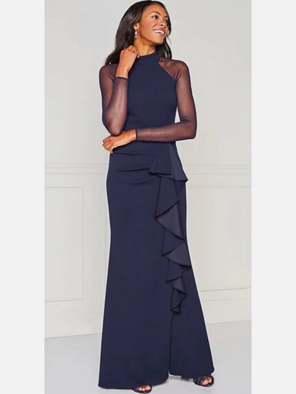 Betsy & Adam Navy Maxi Gown with Sheer Sleeves and Cascade Ruffle